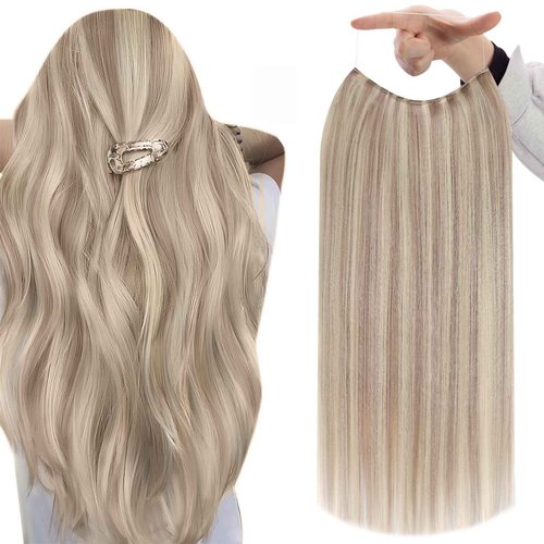 Fshine Invisible Wire Hair Extensions 18 Inch 80 G Ash Blonde Highlighted Bleach Blonde Fish Line Wire Human Hair Extensions Seamless Layered Hairpiece Clip ins for Women