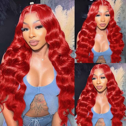 Cloudeer 28 Inch Red Human Hair Lace Front Wigs 13x4 Red Body Wave Lace Front Wigs Human Hair Pre Plucked Red Wig Human Hair 200 Density HD Lace Frontal Wigs Human Hair