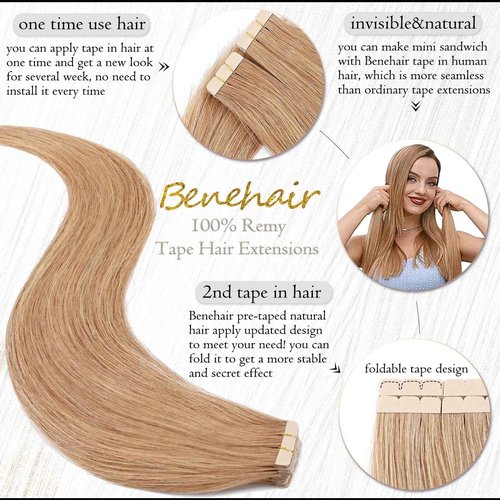 Benehair Tape-in Hair Extensions Human Hair Blonde 20pcs 50g/pack Straight Hair Extensions Seamless Skin Weft Tape-in Natural Hair for Women (20", 27 Dark Blonde)