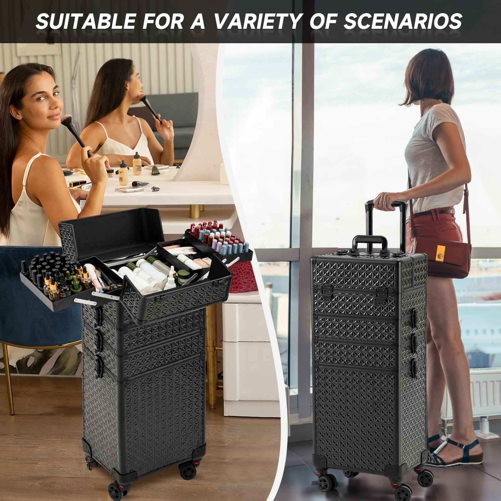 Leeora&Leekoo Portable Multi-Storey Nail Case for Nail Tech Organizer - Wheels Makeup Case Organizer, Cosmetic Case, Makeup Train Case, Make Up Case (Black)