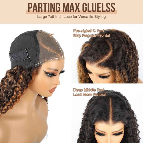 BLY Highlight Wear and Go Glueless Wig Water Wave Human Hair Wigs for Women 16 Inch 5x7 HD Lace Pre Cut Pre Plucked 2/30 Ombre Brown Colored Deep Wave Lace Front Wig 180% Density