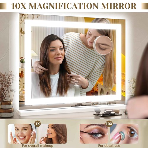 ROLOVE Lighted Vanity Mirror with Lights, LED Makeup Mirror with 3 Color Modes, Touch Dimming, Wall Mountable & Tabletop, Dressing Room Mirror with 10X Magnification, 22x19 Inch, White