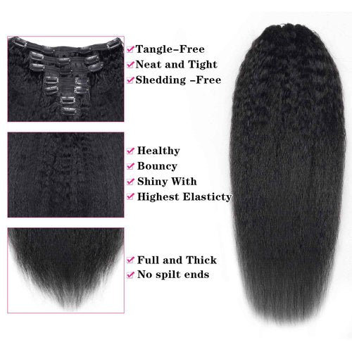 Lysilf Kinky Straight Clip in Hair Extensions Full Head Brazilian Virgin Human Hair Kinky Straight Clip ins for Black Women,7Pcs whit 16 Clips Double Lace Weft,100Gram Natural Black(22Inch, 1B)