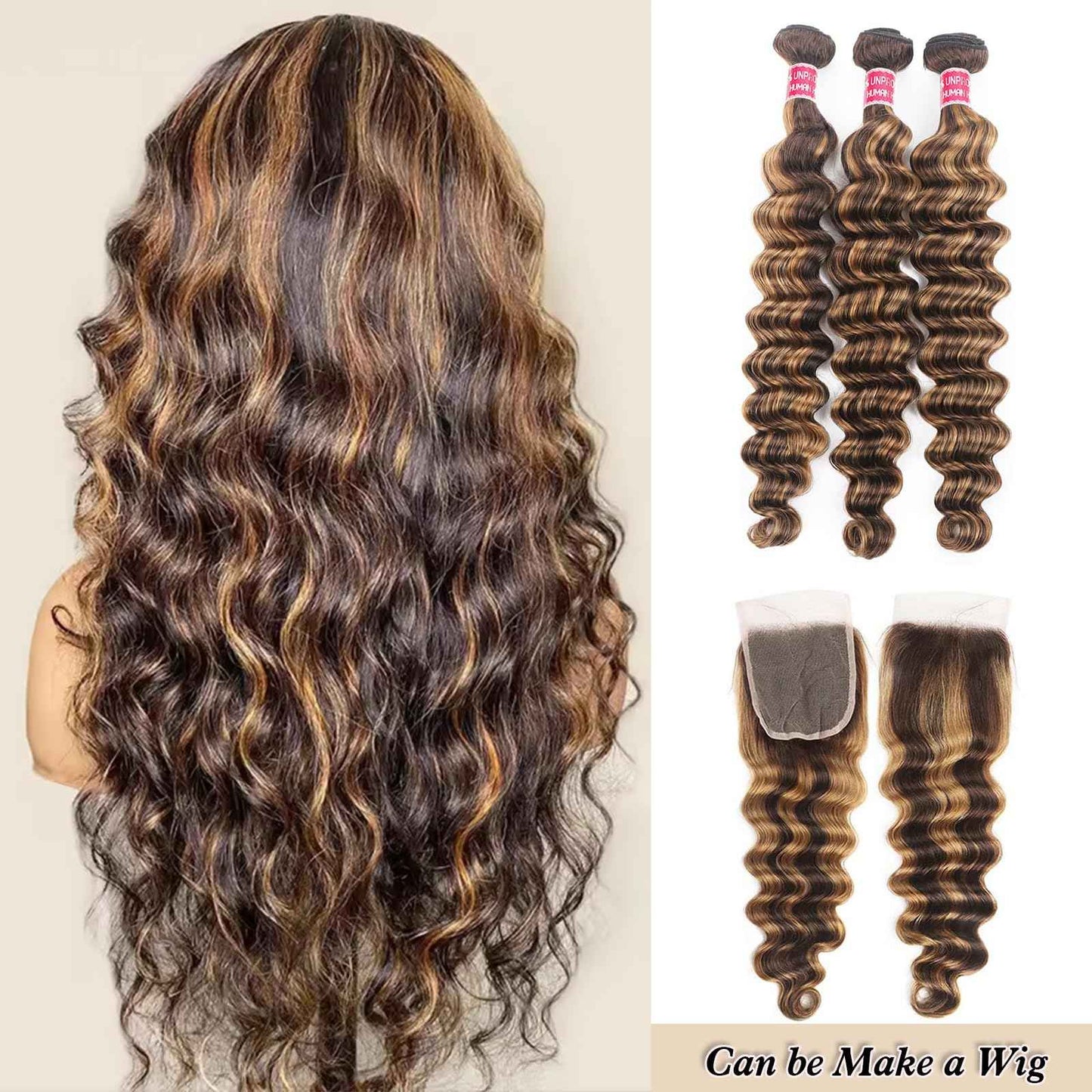 Highlight Human Hair Bundles with Closure Loose Deep Wave 14 16 18+14in 10A Highlight Ombre Human Hair Bundles Loose Wave with 4x4 HD Lace Closure Free Part