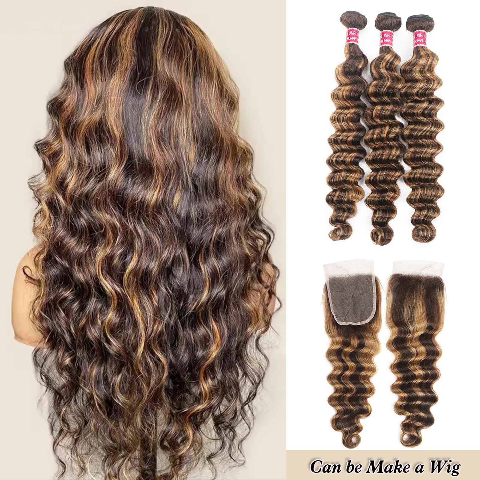 Highlight Human Hair Bundles with Closure Loose Deep Wave 14 16 18+14in 10A Highlight Ombre Human Hair Bundles Loose Wave with 4x4 HD Lace Closure Free Part