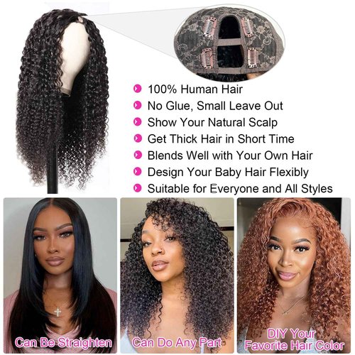 Yavida U Part Wig Human Hair Curly U Part Human Hair Wig 180% Density Unprocessed Virgin Human Hair U Part Wigs for Black Women Full Head Glueless Curly U Part Wig Human Hair Natural Black 26 Inch