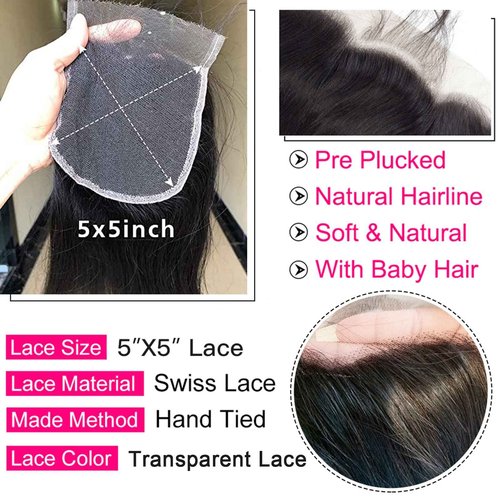 Lemoda 5x5 Closure Straight HD Transparent Lace Closure 12A Brazilian Virgin Human Hair Closure Free Part Pre Plucked with Baby Hair Natural Color 22 Inch