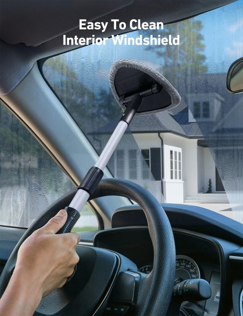 AstroAI Windshield Cleaner Tool, Car Interior Detailing Cleaning Kit with Extendable Handle and 4 Reusable Microfiber Pads, Auto Glass Wiper Brush Kit for Cars, Gray