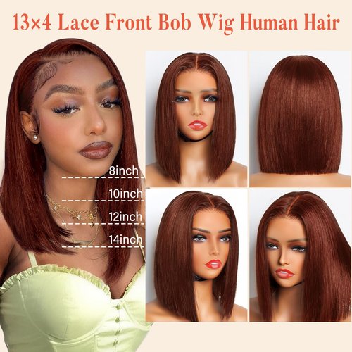 Moliveny Reddish Brown Bob Wig Human Hair 13x4 HD Lace Front Wigs for Black Women Short Bob Lace Frontal Wigs Glueless Wig Pre Plucked Hairline With Baby Hair 180% Density