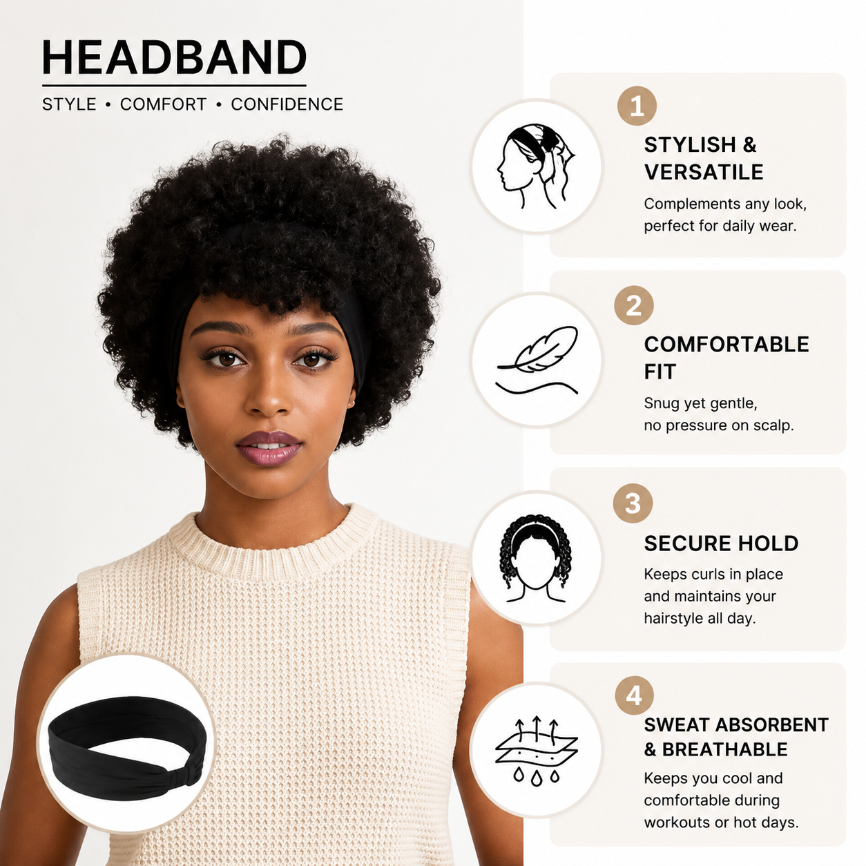 Short Afro Kinky Curly Synthetic Wig with Attached Headband - Model CC003