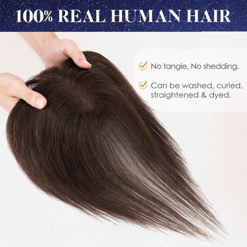 Elailite Human Hair Toppers for Women Real Human Hair Topper with Bangs Hand-Tied Thin 8 * 11CM Lace Base Light Weight Clip in Remy Hairpieces 11 Inch Chocolate Brown