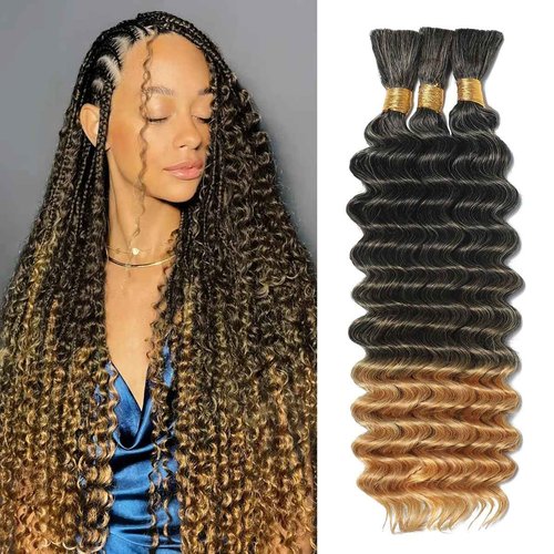 Ombre Human Braiding Hair for Boho Braids 24 Inch 120g Deep Wave Bulk Boho Human Hair for Braiding Curly Knotless Bohemian Braids 12A 100% Brazilian Virgin No Weft Extensions 3 Bundles/Pack T1B/27