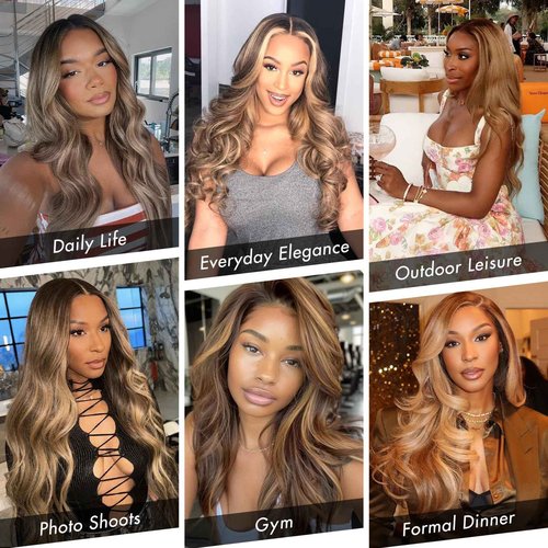 eool Highlight Glueless Wigs Human Hair Pre Plucked Pre Cut Wear and Go 9X6 HD Lace 4/27 Honey Blonde Body Wave Balayage Wigs for Black Women, 220% Density Glueless Human Hair Wigs 16Inch