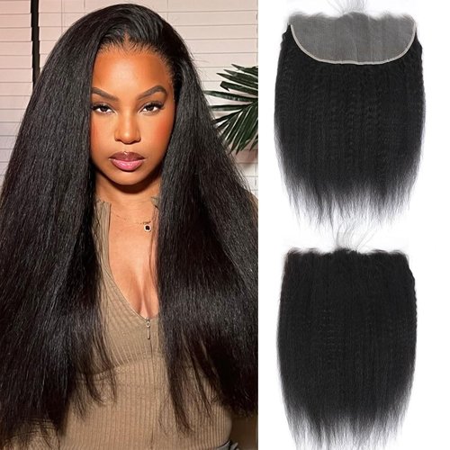 13x6 Lace Frontal Human Hair Kinky Straight HD Transparent Ear to Ear Lace Closure With Baby Hair Free Part 100% Virgin Human Hair Frontal Natural Black 14 Inch