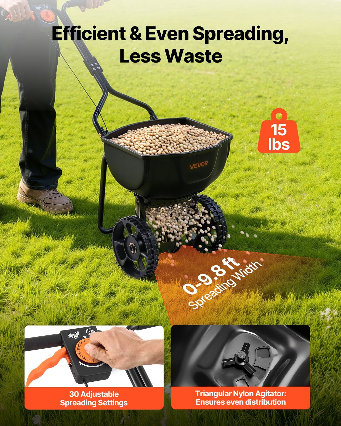 Garden Broadcast Spreader with 9.8 ft Width, 15 lbs Capacity, All-Terrain Tires