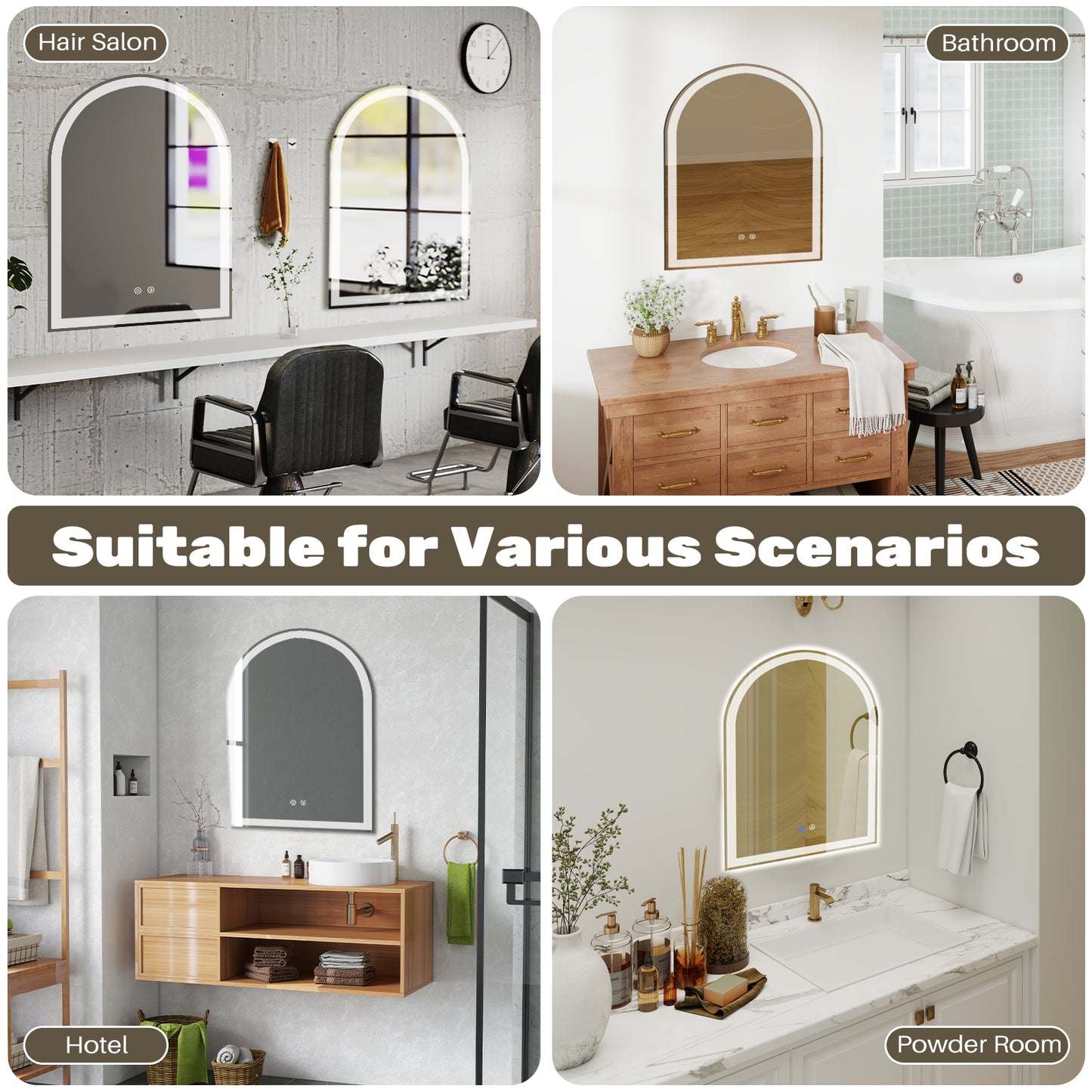Smart Anti-Fog LED Bathroom Mirror - Arch Shape, Dimmable, 3 Colors