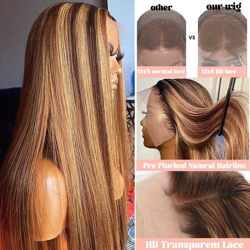 Smavida 13x6 Highlight Straight 4/27 HD Lace Front Wig Human Hair,20Inch Brown Colored HD Transparent Lace Frontal Wig Human Hair Brown to Blonde Ombre Highlight Lace Wigs