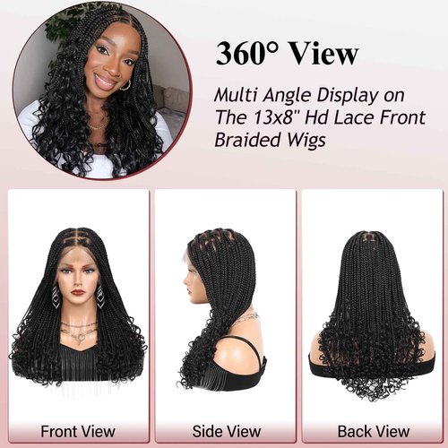Kalyss 13x8 Hd Lace Front Knotless Braided Wigs with Curly Ends for Women Box Braid Wig with Baby Hair Black Synthetic Hair Braided Wig 24"