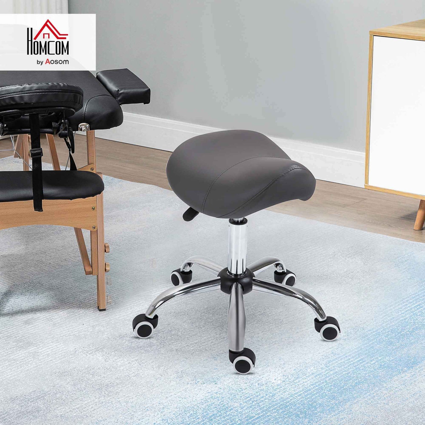HOMCOM Ergonomic Rolling Saddle Stool PU Leather Hydraulic Spa Stool Height Adjustable Swivel Drafting Medical Salon Chair, Grey