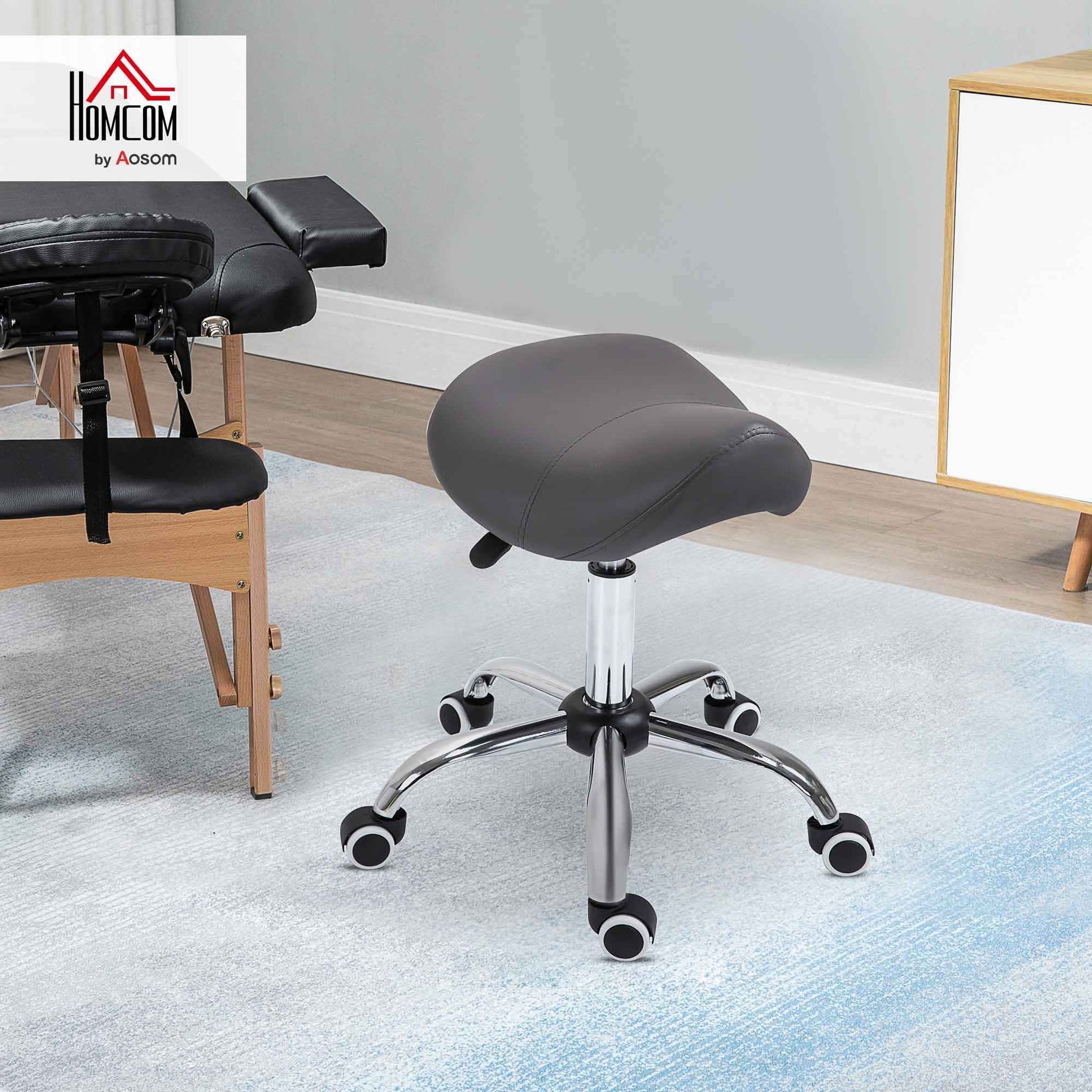 HOMCOM Ergonomic Rolling Saddle Stool PU Leather Hydraulic Spa Stool Height Adjustable Swivel Drafting Medical Salon Chair, Grey