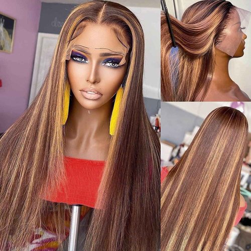 Sunelk Highlight Ombre Lace Front Wig Human Hair Colored 4/27 13x6x1 HD Transparent Lace Frontal Wigs Ombre Blonde Straight Human Hair Wigs for Women 150% Density Pre Plucked 22 inch