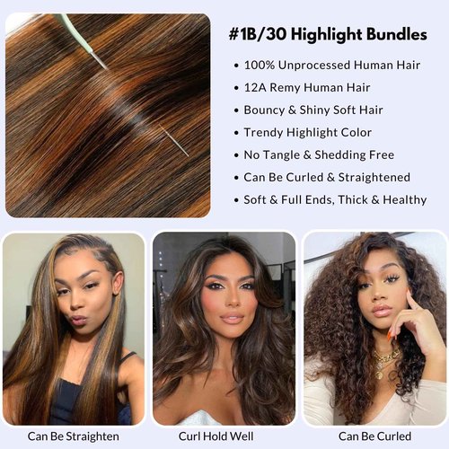 MOMOSHERO Brown Highlight Body Wave Bundles Human Hair 24 In, 12A Soft and Glossy Blonde Balayage Ombre One Bundles 100% Remy Hair Single Ombre Bundle #1b/30 Piano Color Dark Root
