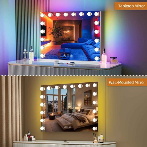 Misavanity Vanity Mirror with RGB Backlight 32’’x23’’ LED Makeup Mirror with 18 Dimmble 3 Color Modes Bulbs Light up Mirror with 10X Magnification and Smart Touch, White