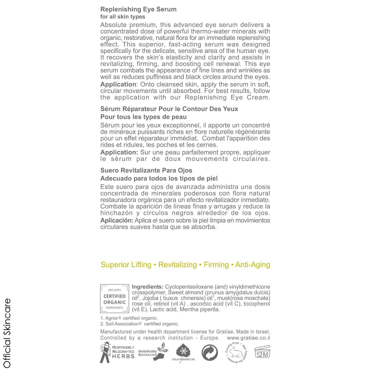 Gratiae Organics Replenishing Eye Serum, 1.02 Ounce