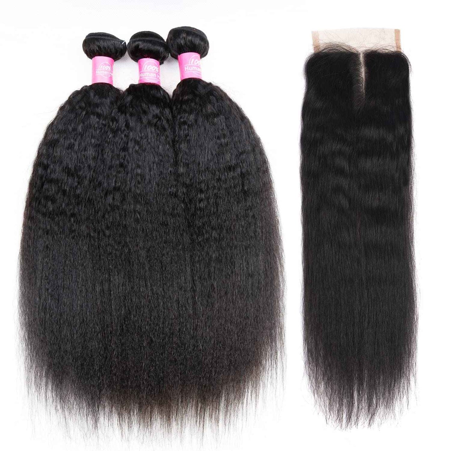 Kinky Straight Bundles with Closure Yaki Kinky Straight Human Hair 3 Bundles with 4x4 Lace Closure Unprocessed Brazilian Virgin Human Hair Weave Extensions Natural Color (14 16 18+12 closure)