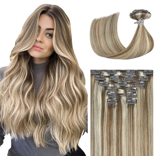 Ukira Blonde Hair Extensions Real Human Hair, 18 Inch 120g 7pcs 18/60 Ash Blonde Highlighted Bleach Blond Clip in Hair Extensions, Natural Straight Remy Human Hair Clip in Extensions for Women