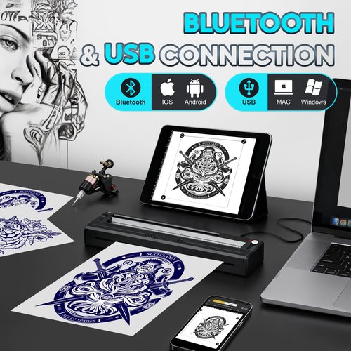 YIRIGUI New Tattoo Stencil Printer - Fits A4-A8 Width Thermal Paper, Portable Wireless Bluetooth Thermal Tattoo Kit, Includes 10 Transfer Papers, for Artists & Beginners, Phones/Tablets/PC - Black