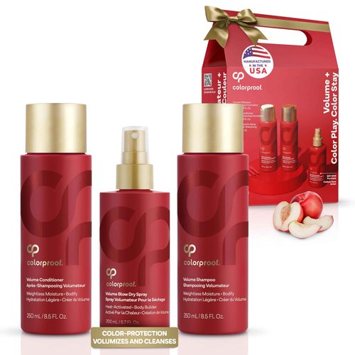 Colorproof Volume Holiday Gift Set — Volume Shampoo (8.5 Fl. Oz.), Volume Conditioner (8.5 Fl. Oz.), and Volume Blow Dry Spray Primer (6 Fl. Oz.) — White Nectarine Scent