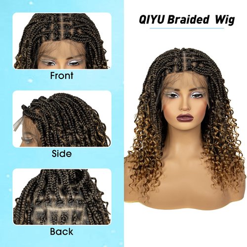 A ANYTIME Qiyu 18" Short Knotless Box Braided Wigs for Women Braided Lace Wigs with Curly Ends Bob Braids Wigs Full Lace Braided Wig with Baby Hair Natural Blended Braiding Hair Wig（1B/27