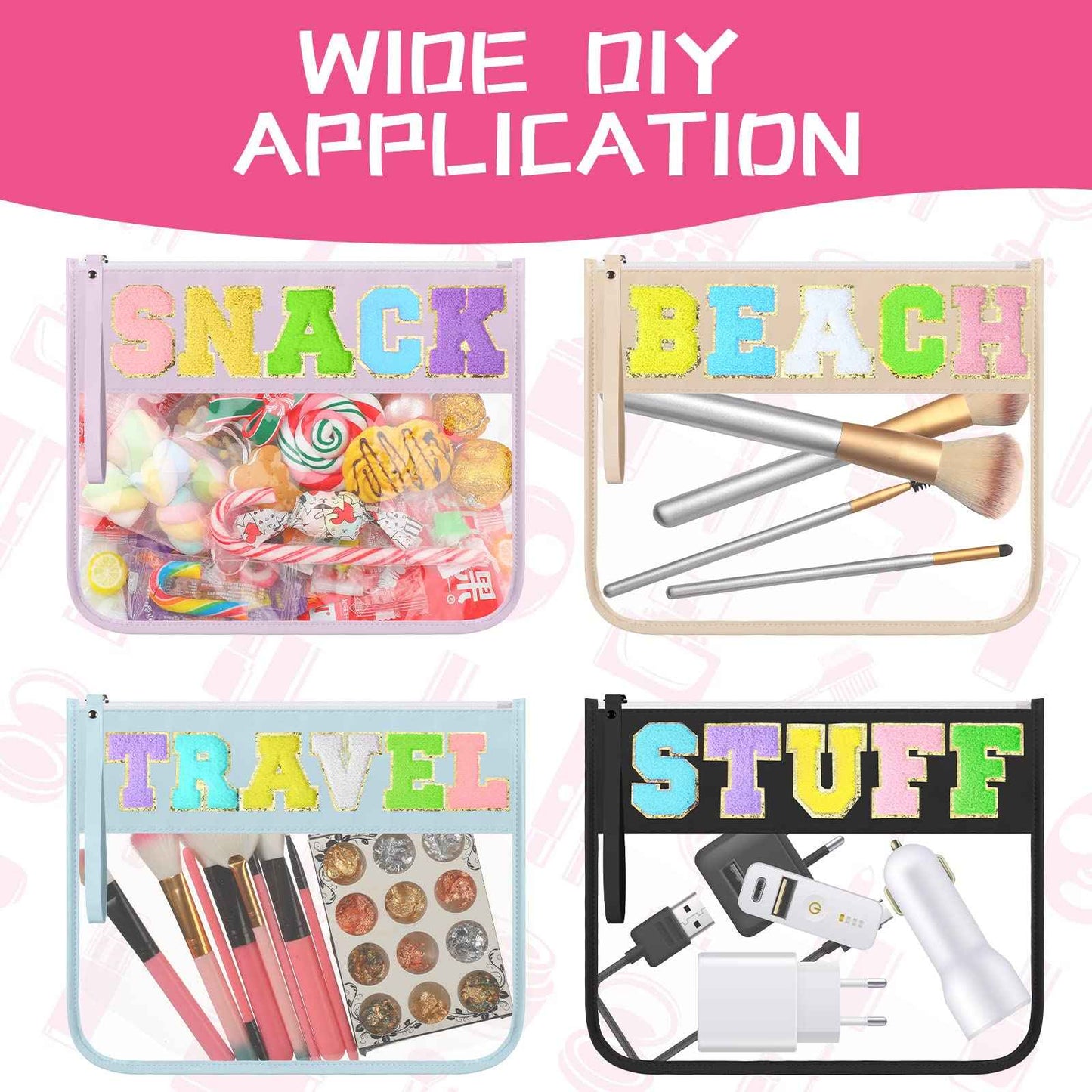 Irenare 16 Pcs Clear Makeup Bag Toiletry Flat Zipper Pouch Preppy Waterproof Clear Cosmetic PVC Pouch with Wristlet Toiletry DIY Chenille Letter Snack Bag for Women(Multi Colors)