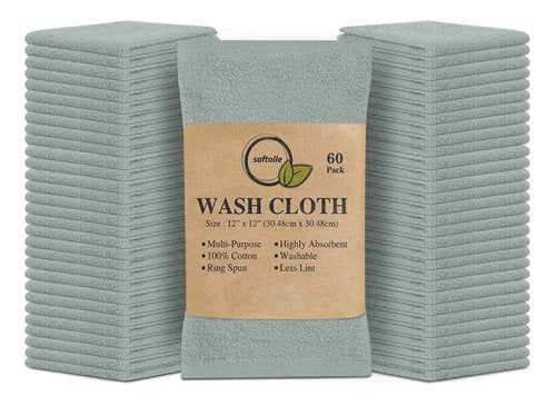 Softolle 100% Cotton Washcloths 60 Pack (12x12 Inches) Soft, Highly Absorbent Washcloth, Face Towels, Wash Cloths for Face, Ring Spun, Bulk Pack (Silver Grey)