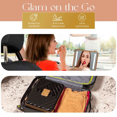 NJ GLAM Lighted Makeup Case with Mirror - Portable Travel Makeup Organizer with light up Mirror, 3 Light Settings, Rechargeable Makeup Bag with Mirror and Lights - Mini 10x magnifying Mirror included