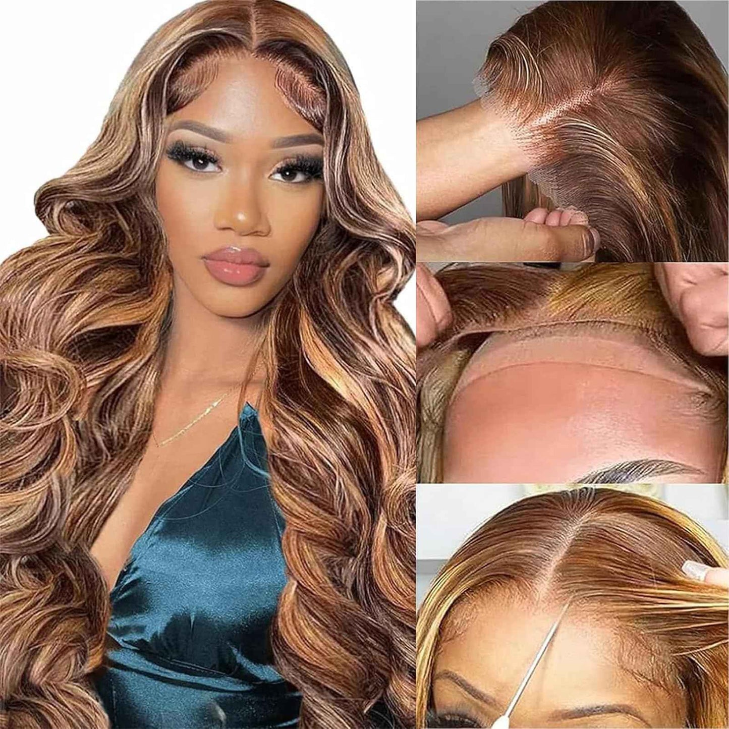 Highlight Ombre Glueless Wigs Human Hair Pre Plucked Pre Cut 200% Density 5x5 HD Lace Closure Wigs Human Hair P4/27 Colored Honey Blonde Body Wave Lace Front Wigs Human Hair for Women (18 Inch)