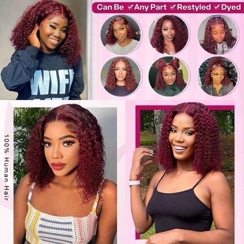 Realloves 8 Inch 99J Burgundy Deep Wave Curly Bob Wig for Black Women 180% Density Human Hair 13x4 HD Lace Front Wigs