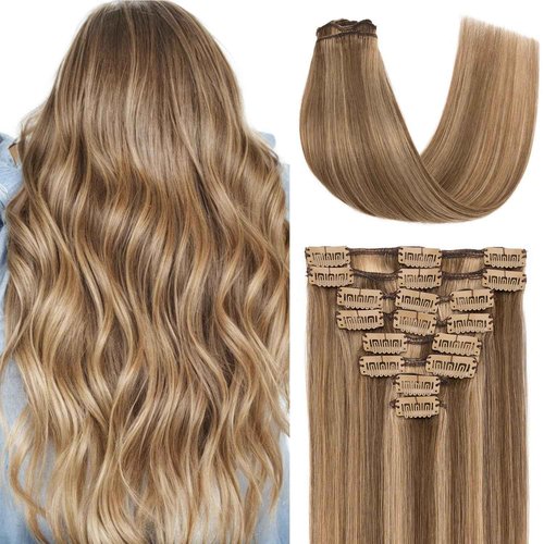 TESSHAIR Clip in Hair Extensions Real Human Hair 22 Inch Human Hair Clip in Extensions Medium Brown & Dark Blonde Hair Extensions Clip ins Double Weft 100% Real Human Hair Extensions 8 PCS 75g #4P27