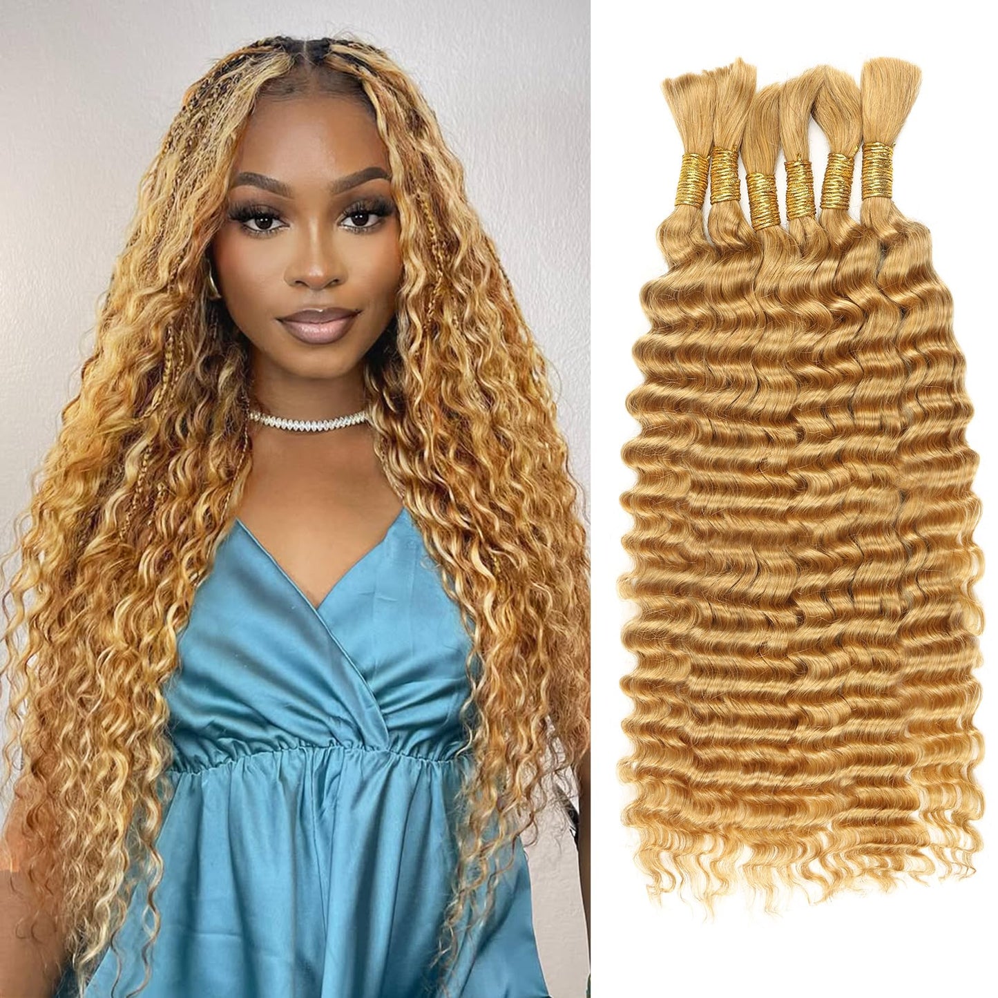 Human Braiding Hair 150g 20 Inch Boho Braids Human Hair Deep Wave Blonde Boho Hair For Braiding 6 Bundles/Pack No Weft Boho Human Braiding Hair Curly 27#