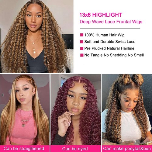 Nervoss 22 Inch Highlight Ombre Deep Wave Honey Blonde Lace Front Wigs Human Hair Pre Plucked 13X6 Transparent HD Lace Front Wigs Human Hair for Women 180% Density Curly Wig Blonde Wig
