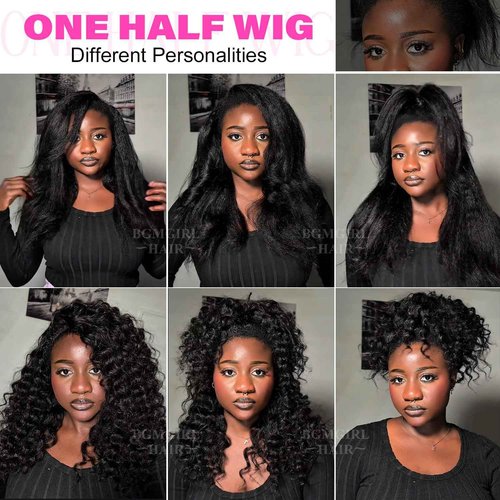 BGM GIRL Kinky Straight 3 in 1 Half Wig Human Hair Glueless Wear and Go No Lace Flip Over Wig With Adjustable Drawstring 180 Density Natural Look Wig For Women 18 Inch