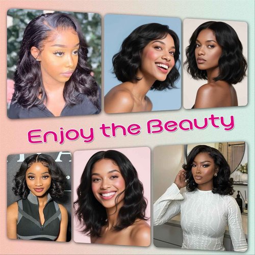 13X6 14inch 230%Density Natural Black Bob Wig Human Hair, Body Wave Wig Human Hair, Short Bob Lace Front Wigs Human Hair, Bob Wigs For Black Women, Pre Plucked With Baby Hair HD Transparent Lace