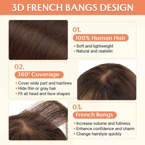 Benehair Clip in Bangs 100% Real Human Hair Extensions 360° Cover Clip on 3D Wispy Bangs for Women Topper Hairpieces for Women Dark Brown