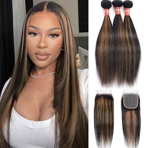 Haha Brown Highlight Bundles with 4x4 Closure Brazilian Human Hair Ombre Bundles with Closure Straight 10A Remy Virgin Hair Weave Colored Fb30 Balayage 14 16 18 +12 Free Part