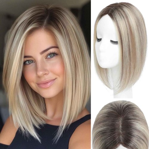 Hair Toppers for Women Real Human Hair 12 Inch Upgrade Mono Base 4.6x4 Inch Human Toppers for Women with Thinning No Bangs for Add Volume（Ombre Light Brown with Blond Highlight）