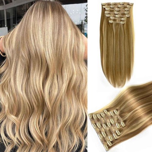 Royaomis Clip in Hair Extensions Real Human Hair, 18inch 140g 7pcs Human Hair Clip in Extensions for Women, Remy Blonde Hair Extensions Clip Ins, Soft & Natural Human Hair Extensions(18-#P18_613)