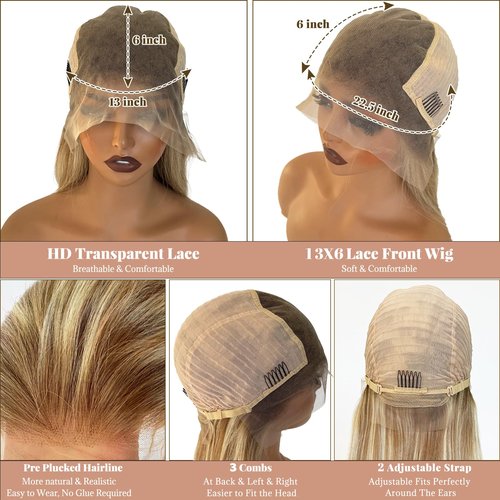 Belaved Highlight Ombre Lace Front Wigs Human Hair Medium Brown Mix Blonde 13x6 Long Straight Balayage 180% Density HD Wig for Women Pre Plucked With Baby Hair 8B60A 18 Inch