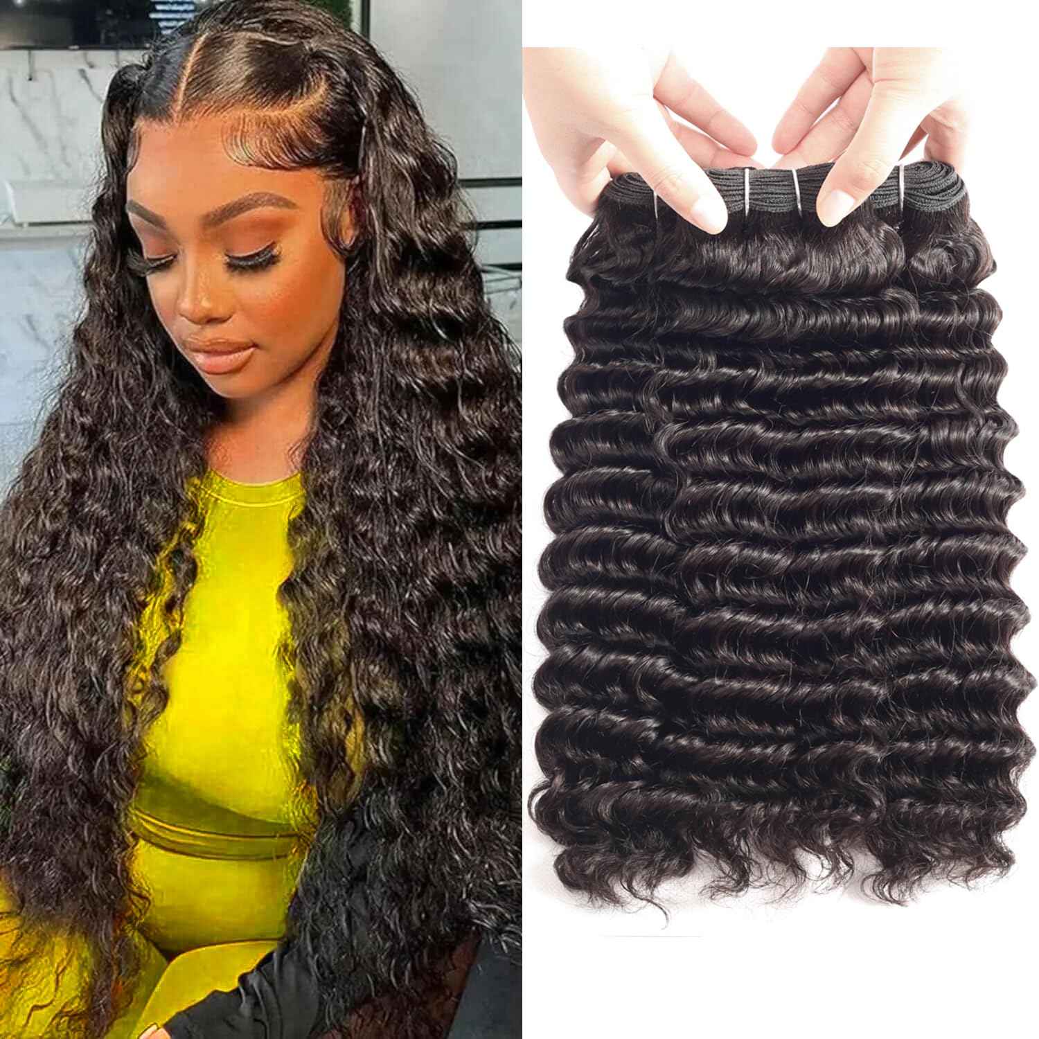 LUXEDIVA Deep Wave Bundles Human Hair 18 20 22 Inch Human Hair Bundles 12A 100% Unprocessed Brazilian Virgin Hair 3 Bundles Deal Curly Bundles Human Hair Deep Wave