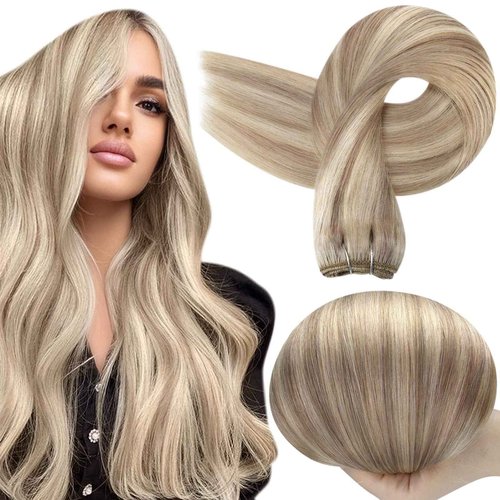 Full Shine Weft Hair Extensions Human Hair 18 Inch Straight Remy Bundles Highlight Color Ash Blonde Mix Bleach Blonde Sew in Hair Extensions Double Weft Full Head Weave Hair 105 Grams